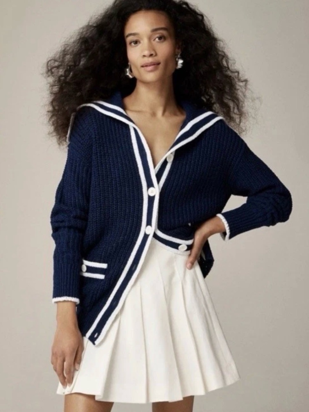 J.Crew Navy White Sailor Collar Knit Cardigan Sweater Nautical Size XS